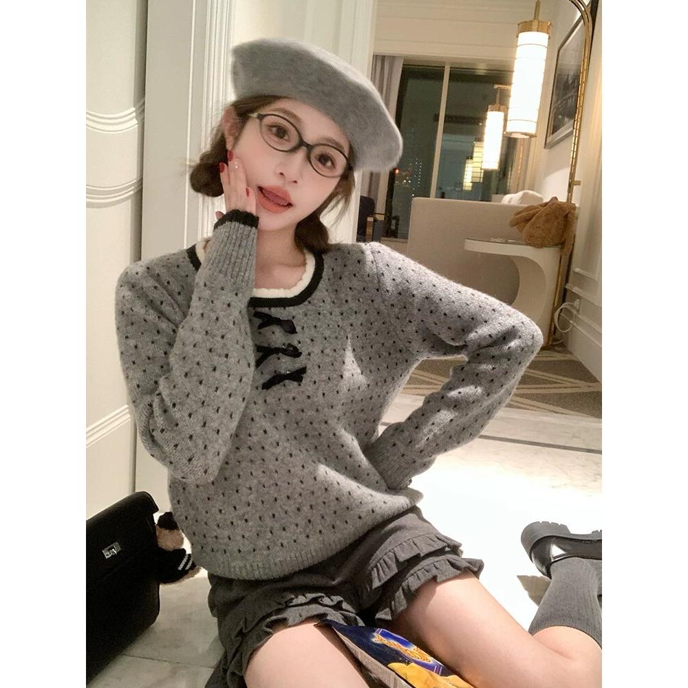 日系甜美风波点羊毛花边蝴蝶结毛衣秋冬季慵懒设计感减龄百搭上衣
