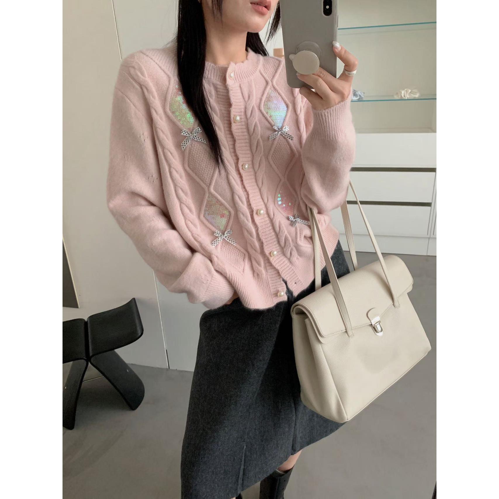 女装胖mm森系甜美设计感手工钩花立体蝴蝶结开衫毛衣外套女厚