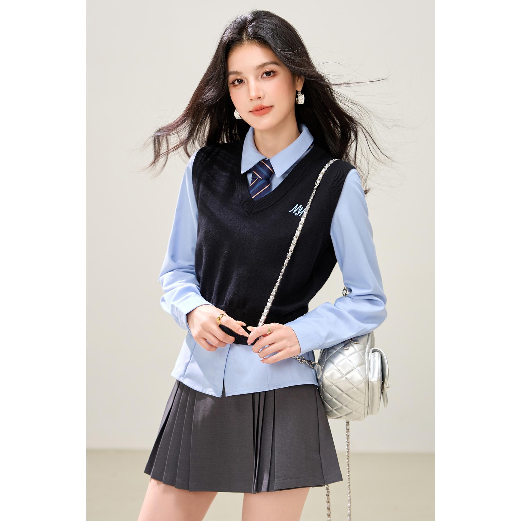 学院风jk制服清谭大韩式制服针织背心叠穿长袖衬衫日系两件套