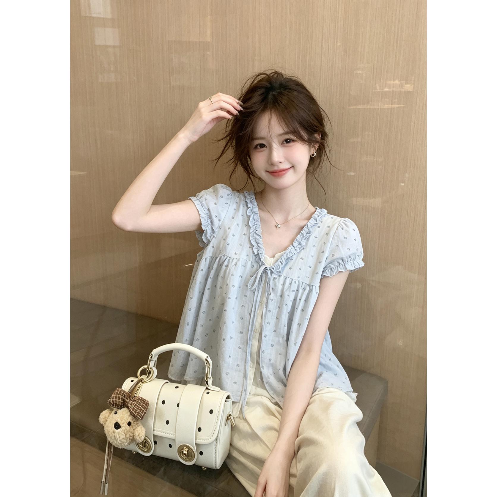 韩系休闲2026夏季新款无袖印花假两件衬衫花边拼接撞色学院风上衣