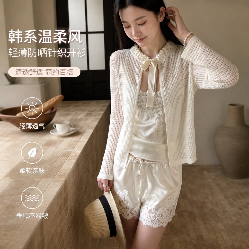 亚麻真丝飘带镂空针织开衫2026夏季新款韩版宽松设计感上衣女外套