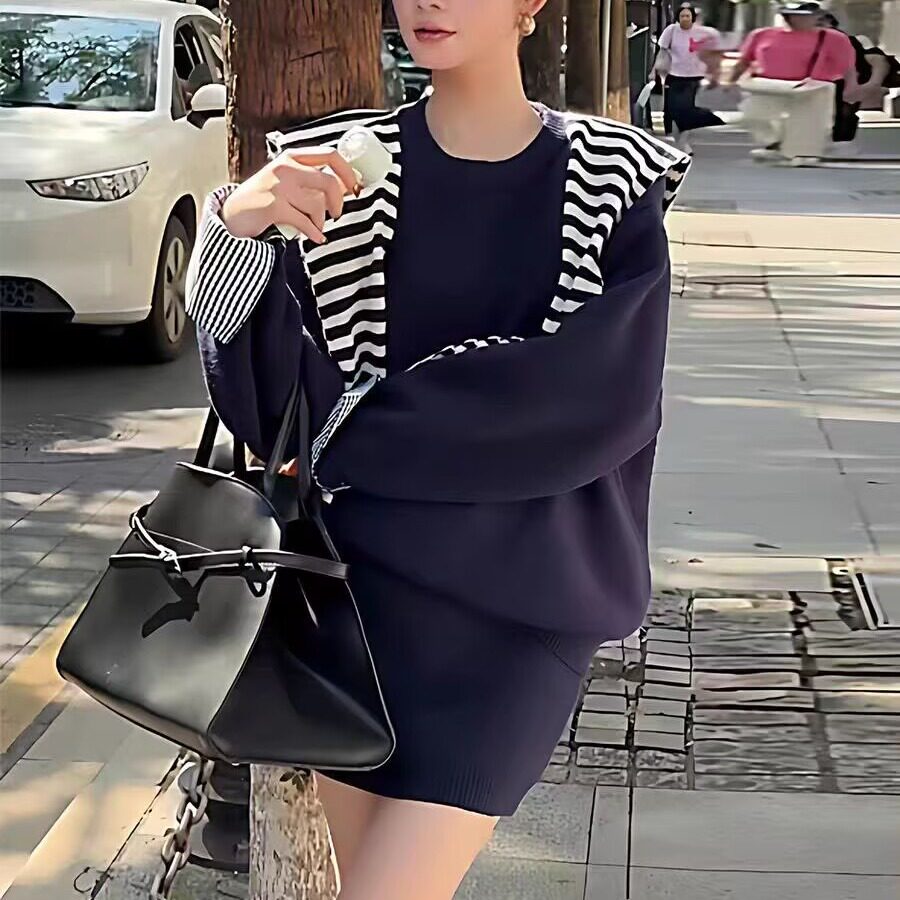 韩版秋冬新款复古慵懒风针织条纹披肩圆领毛衣高腰半身裙三件套女
