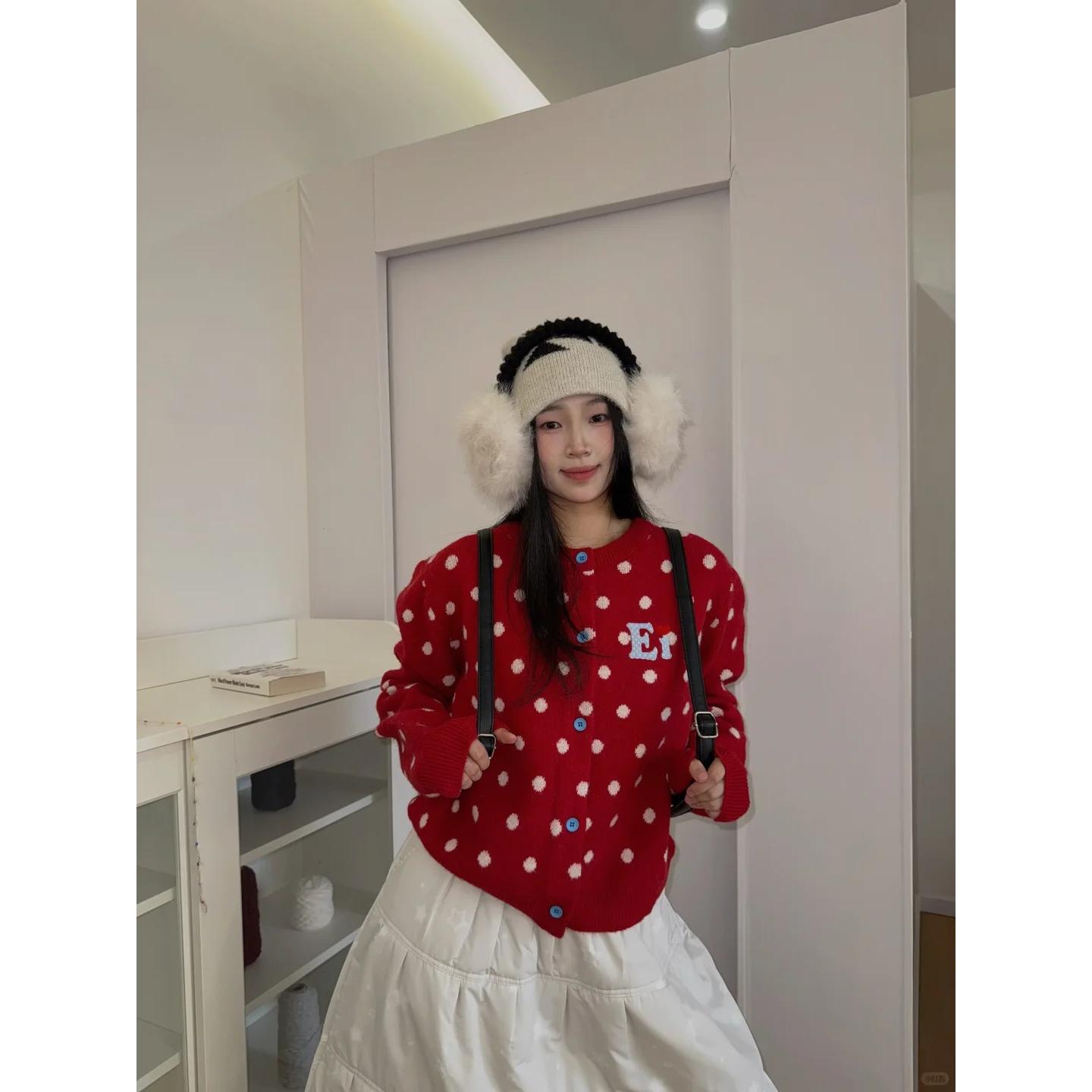 美式复古波点开衫蓝色毛衣外套女早秋短款慵懒风针织衫上衣