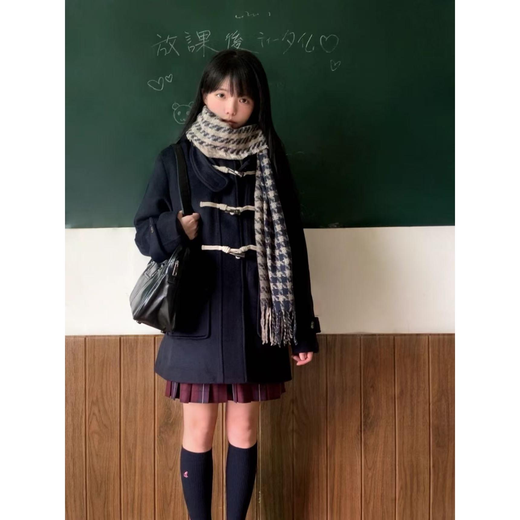 车厘子jk制服牛角扣大衣女冬季原创日系学院风加厚小个子毛呢外套