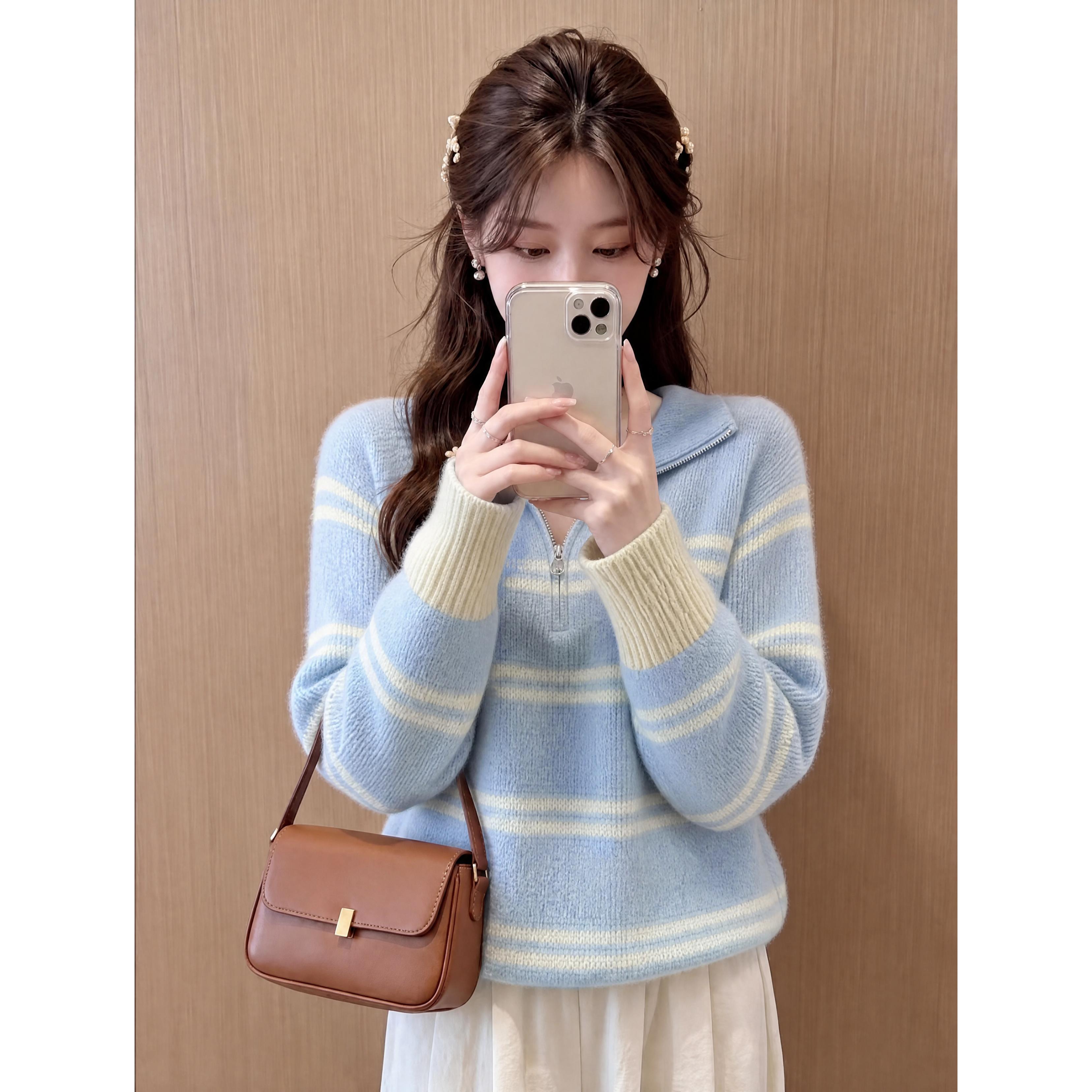 韩系polo领条纹套头毛衣女秋冬宽松翻领半拉链软糯减龄针织衫上衣