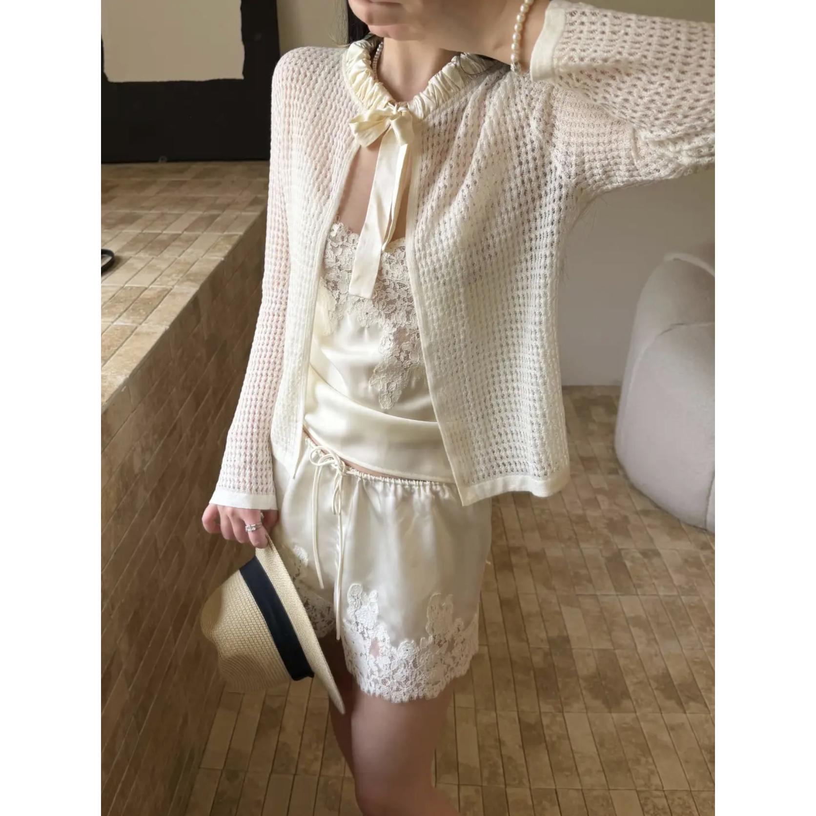 亚麻真丝飘带镂空针织开衫2026夏季新款韩版宽松设计感上衣女外套
