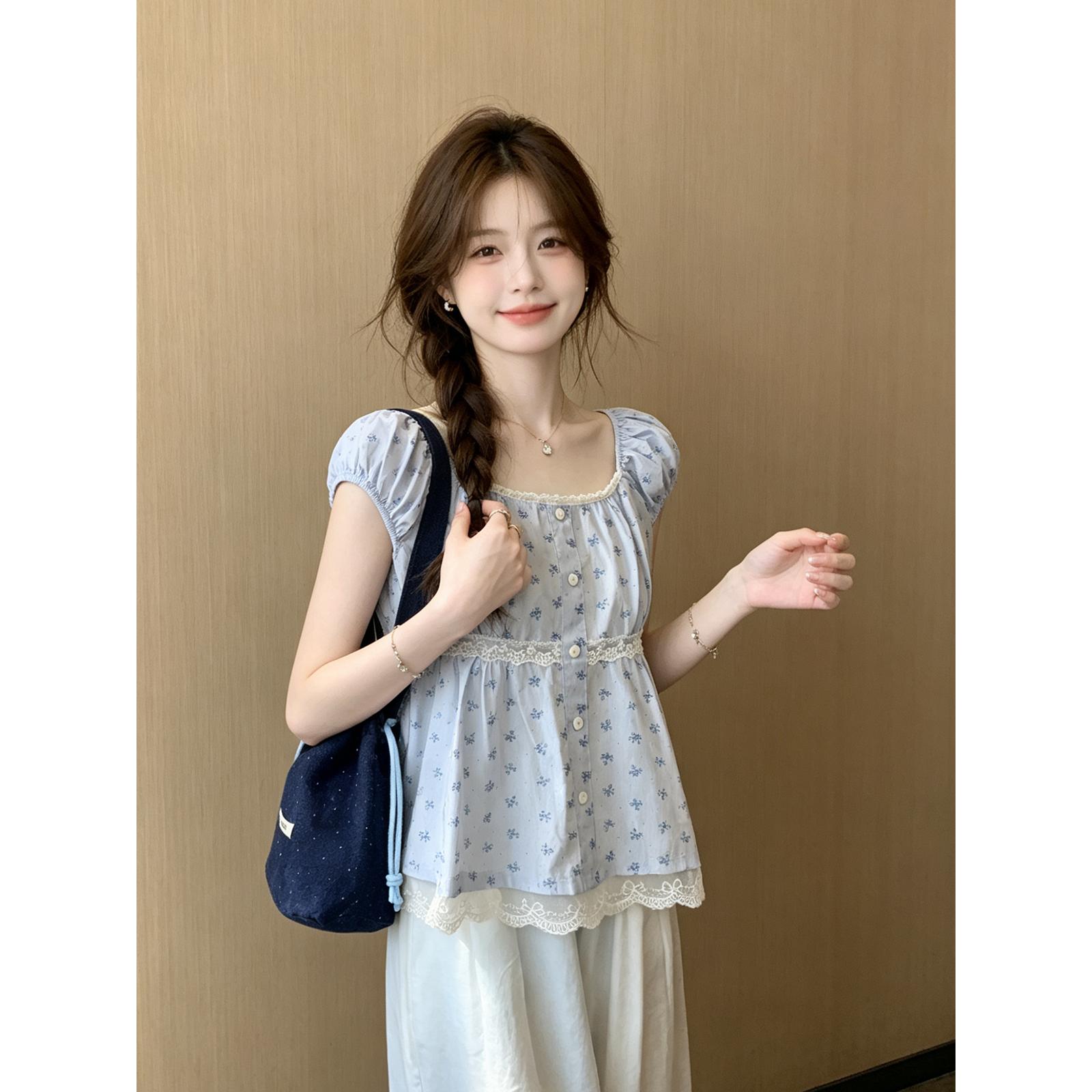 韩系田园风碎花蕾丝拼接镂空泡泡袖短袖衬衫夏季娃娃衫显高上衣女