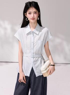 已出货法式气质翻领腰带收腰衬衫女2026夏季百搭显瘦开叉短袖衬衣