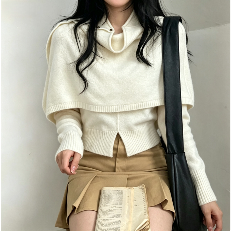 韩系高级气质高领纽扣披肩+时尚圆领暖糯温柔休闲毛衣女