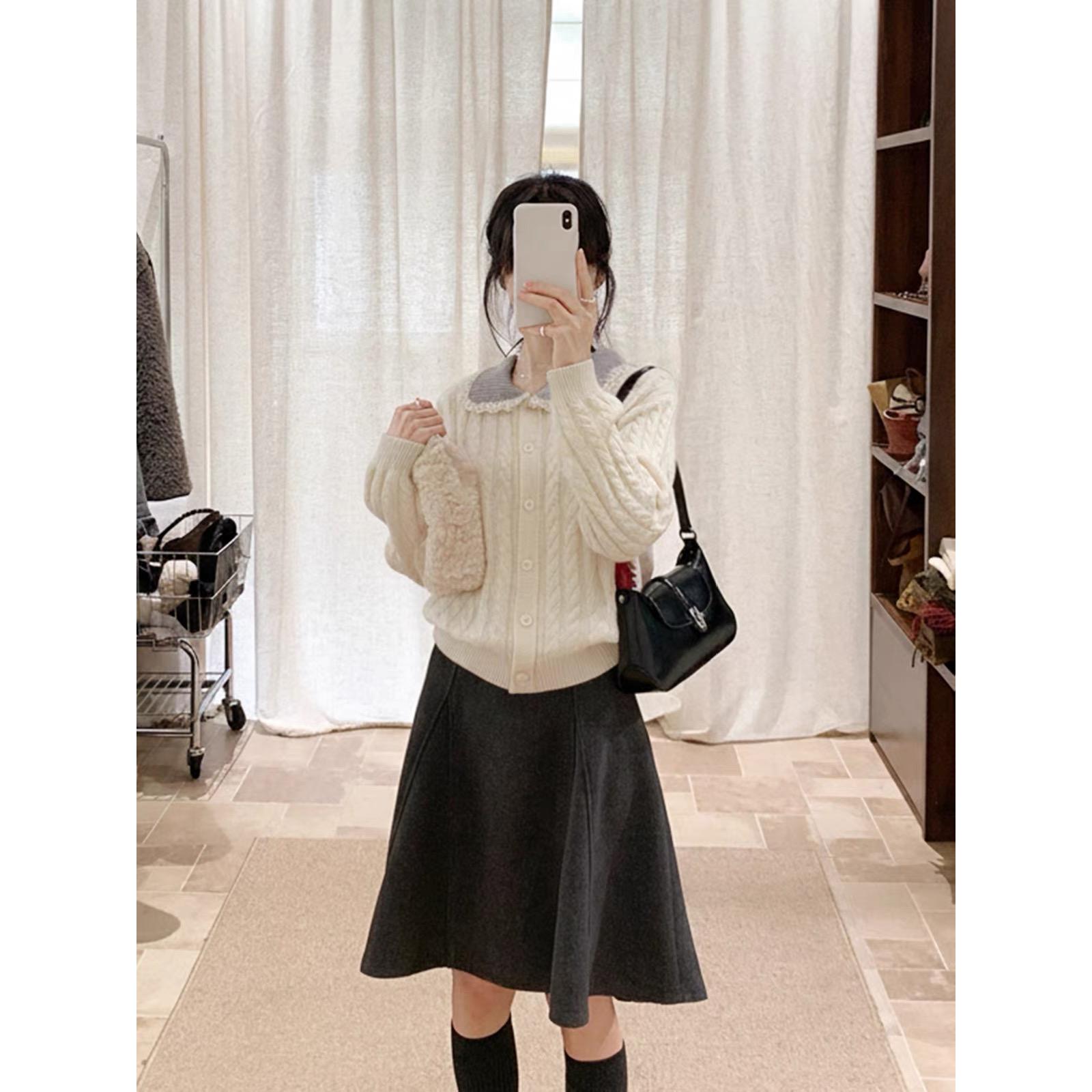 韩版撞色翻领麻花花边领毛衣开衫女冬季复古文艺风上衣