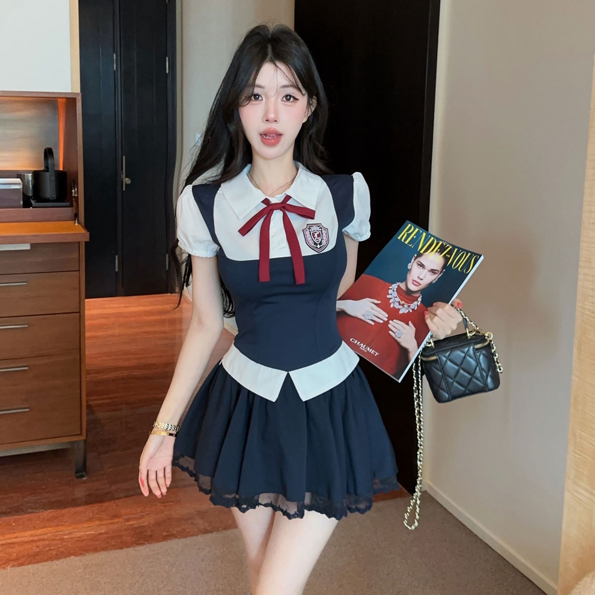 美式学院风套装女jk制服假两件上衣蕾丝拼接短裙两件套