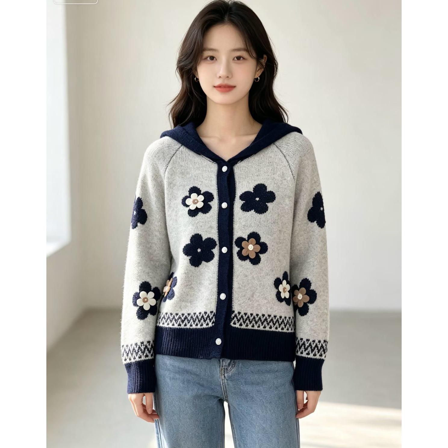 韩版气质设计感手工花朵针织开衫外套女2026秋冬软糯短款连帽毛衣