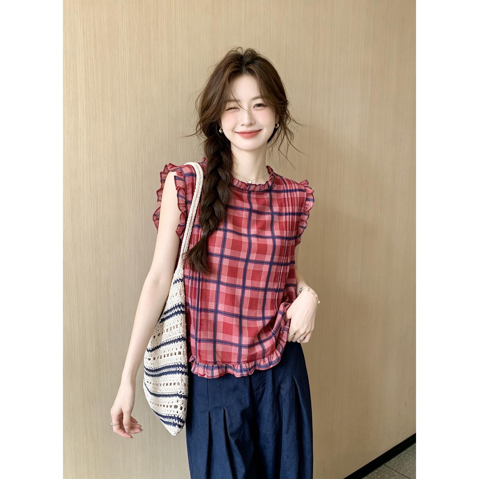 韩版无袖花边领衬衫女2026夏季新款格纹印花显瘦舒适透气休闲上衣