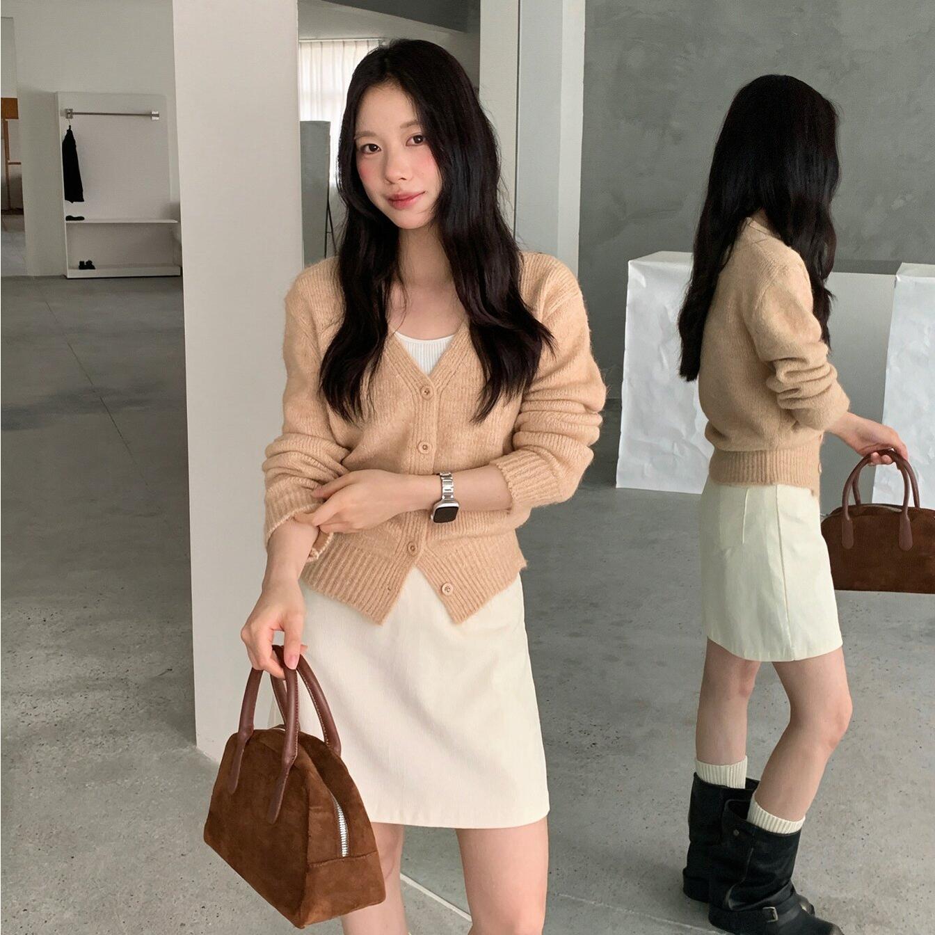 韩版纯色V领甜美复古系列马海毛针织开衫女秋冬季时尚加厚上衣潮