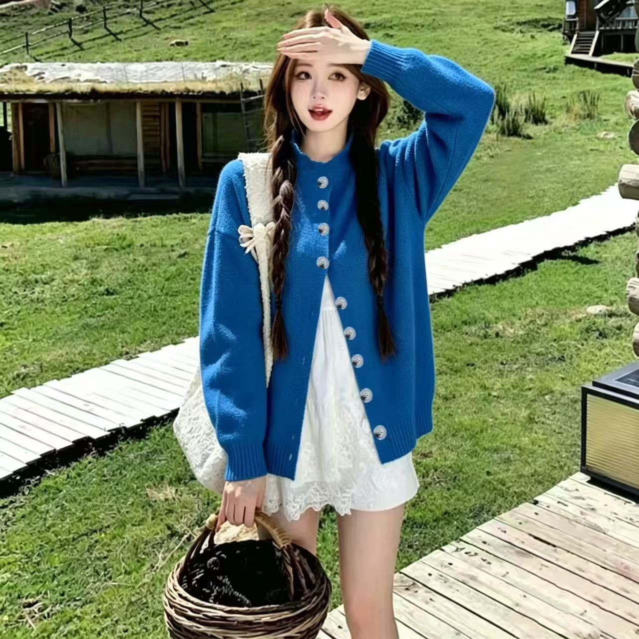 超好看的韩系穿搭蓝色毛衣开衫外套女秋冬宽松慵懒软糯针织衫