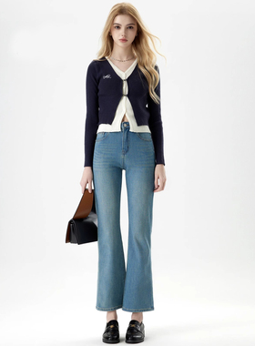 YC遇初208 四面弹春秋季新品微喇牛仔裤女九分高腰显瘦复古喇叭裤