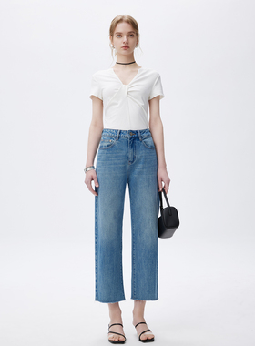 YC遇初078 高腰九分毛边宽松直筒牛仔裤新款2025春夏修身显瘦女潮