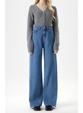 YC遇初207 复古蓝色宽松直筒无弹牛仔毛边设计显瘦阔腿秋季新款裤