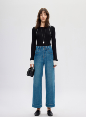 YC遇初338【四面弹】秋季经典高腰宽松通勤简约九分直筒牛仔裤女