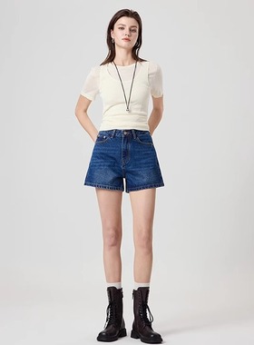 YC遇初291夏季新款四面弹三分牛仔短裤女 高腰弹性侧开叉修身裤子