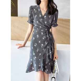 鱼尾茶歇裙子 女装 秋季 桑蚕丝2025夏季 碎花长裙法式 真丝连衣裙