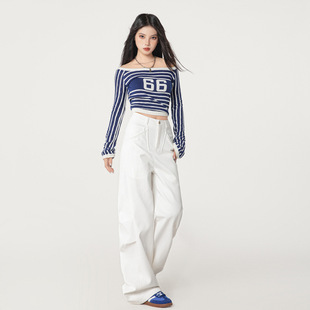 白色褶皱弧形美式镰刀牛仔裤男女阔腿弯刀长裤