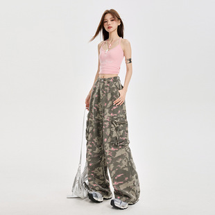 女款春秋美式高街迷彩工装裤 宽松束脚阔腿裤立体拉链口袋