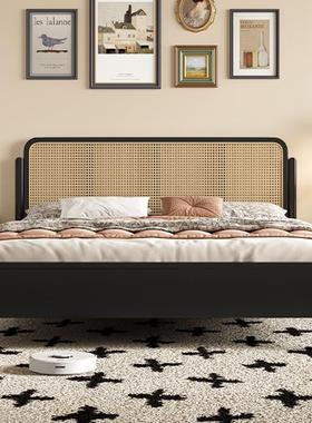 藤编床黑色木床北欧复HZ-C20#古15m实型单双人床小户卧室民宿1.8