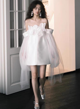 法式白色缎面抹胸晨袍结婚订婚领证登记出门轻纱生日套装晚礼服裙