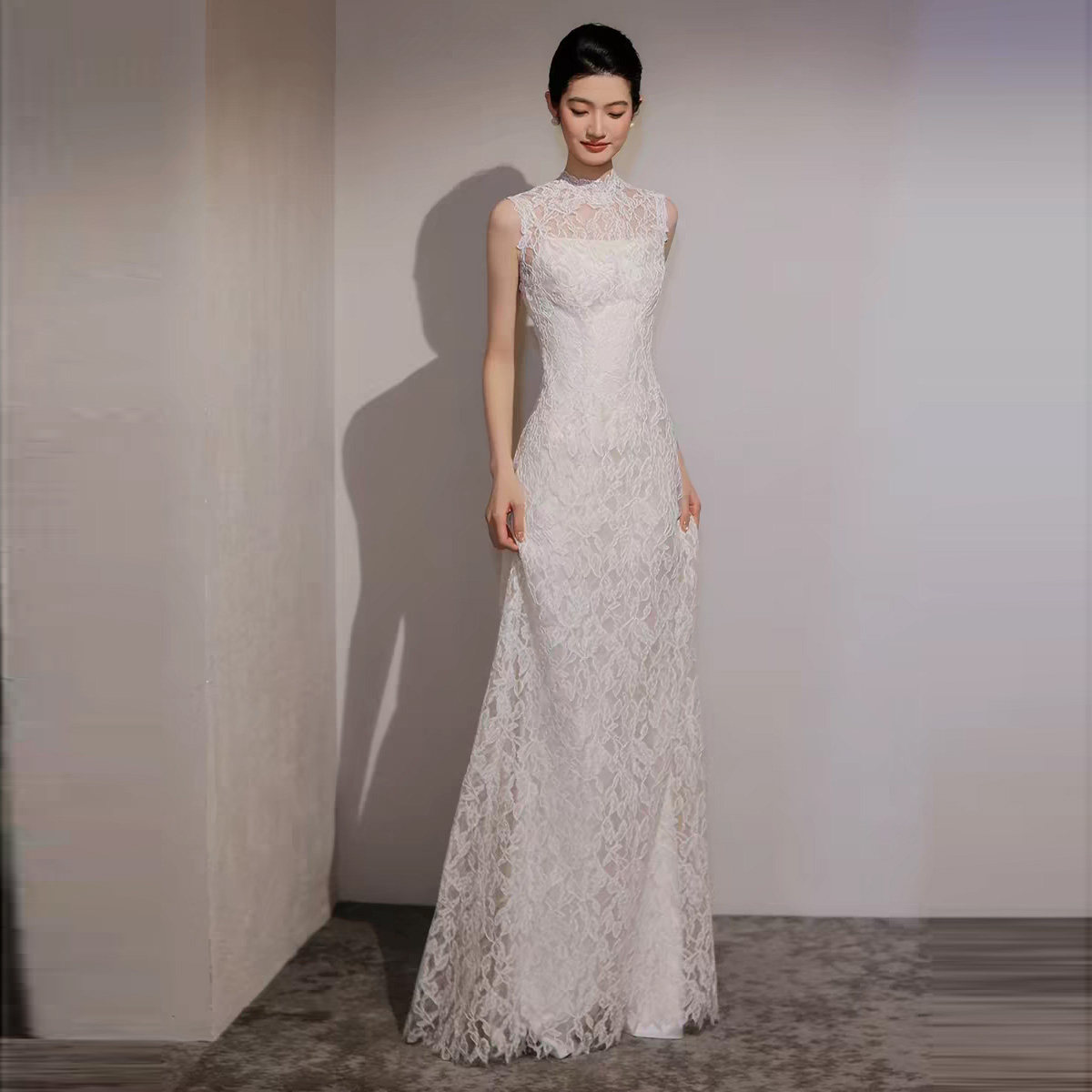 法式蕾丝新娘迎宾出门轻纱优雅白色登记领证订婚敬酒晚礼服连衣裙