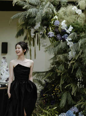 法式黑色缎面抹胸宴会年会生日派对轻奢仙气森系时尚晚礼服蓬蓬裙