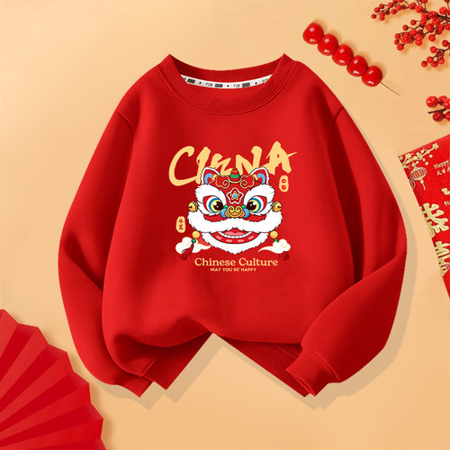 红色舞狮亲子装卫衣全家福