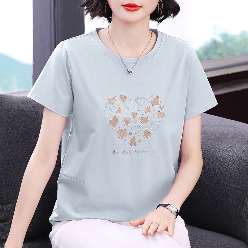 妈妈纯棉短袖t恤女夏季宽松减龄显年轻上衣中老年半袖刺绣体恤衫