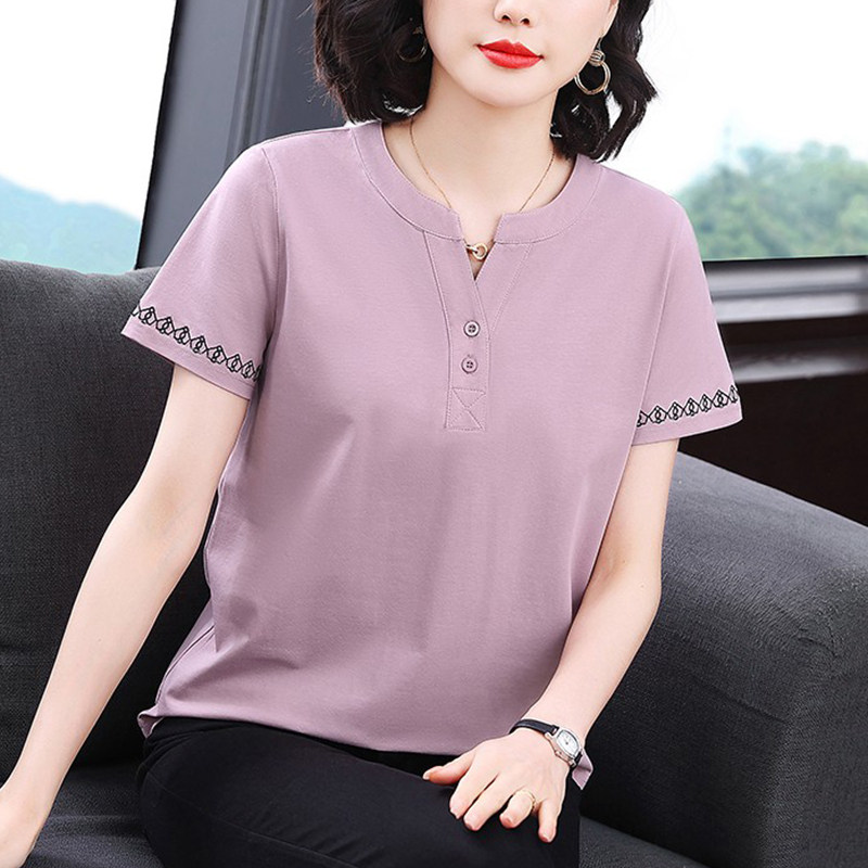 妈妈纯棉短袖t恤女洋气v领上衣中老年夏装五十多岁宽松大码半袖衫
