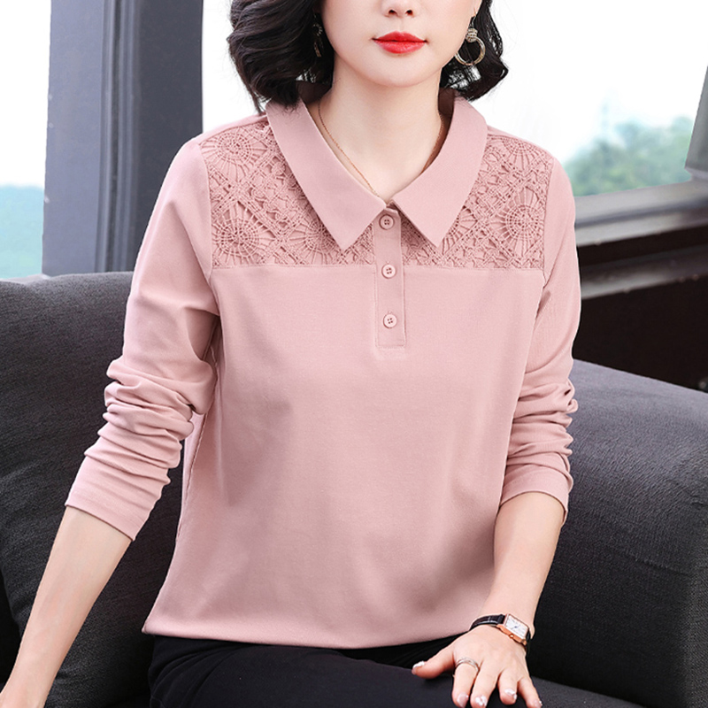 妈妈有领纯棉长袖t恤女翻领上衣