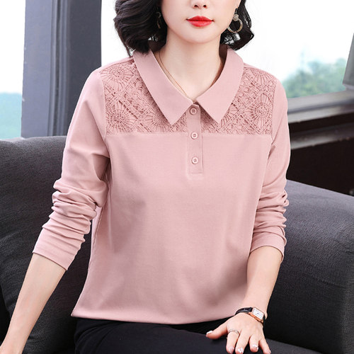 妈妈有领纯棉长袖t恤女翻领上衣