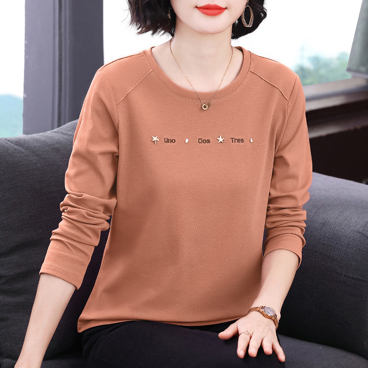 纯棉长袖T恤女字母刺绣圆领打底衫宽松显瘦上衣中老年妈妈小衫秋