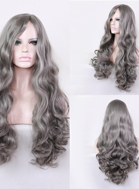 奶奶灰色中分长卷发欧美假发 大头皮动漫假发欧美假发一件