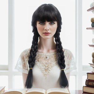 齐刘海星期三黑色双辫子麻花辫cos假发高温丝化纤全头套假发外贸