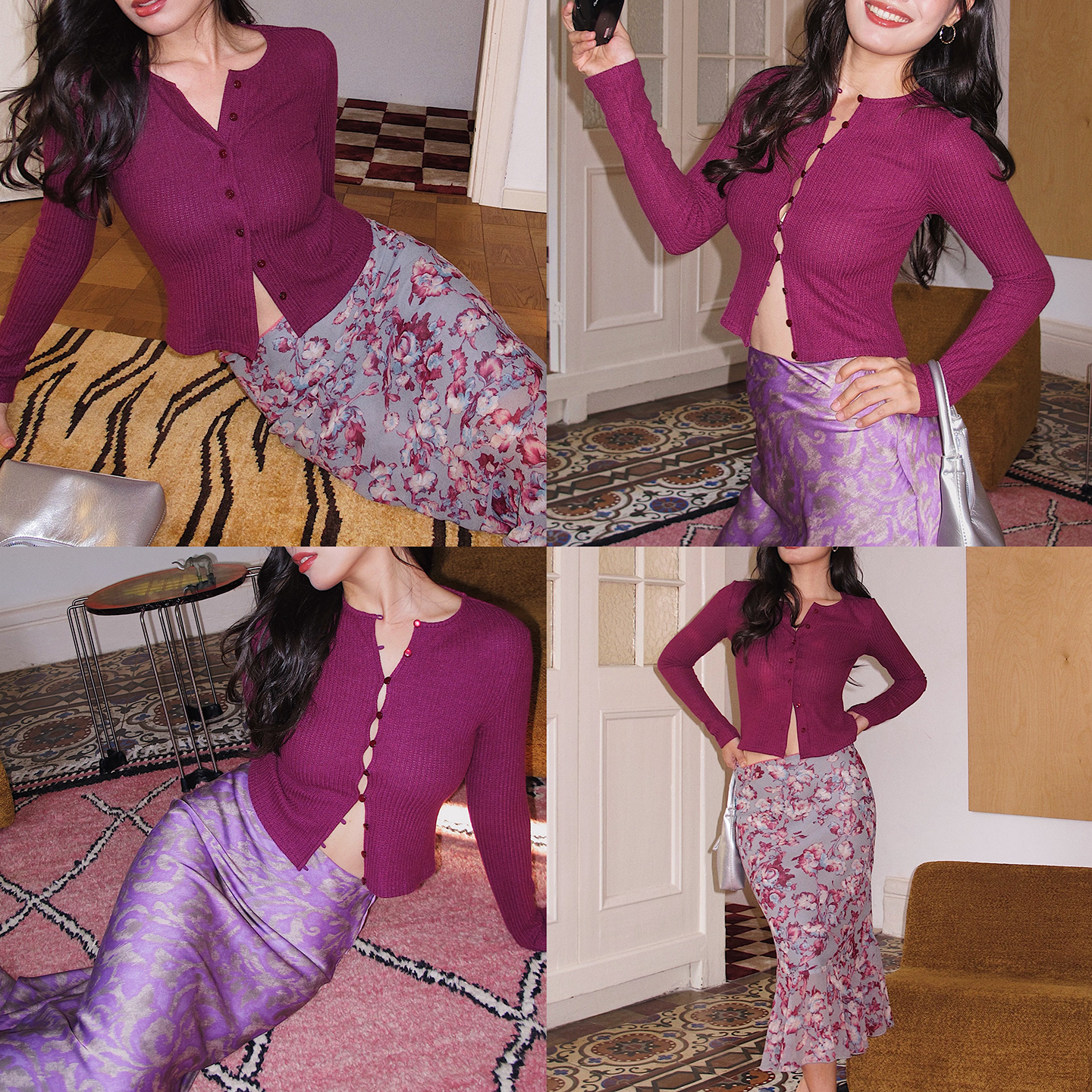 紫色复古纽扣开衫长袖针织衫