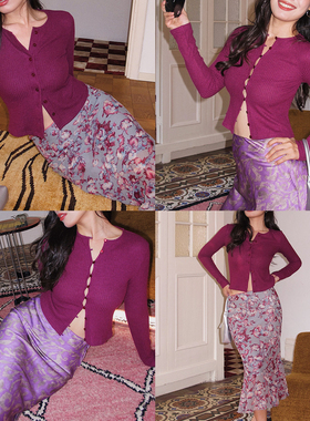 ooh itch痒痒「巴黎紫双选」紫色复古纽扣开衫长袖针织衫修身上衣