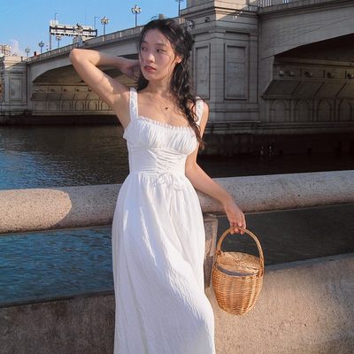 ooh itch痒痒「朱莉系列」白色连衣裙纯欲复古法式吊带裙中长裙