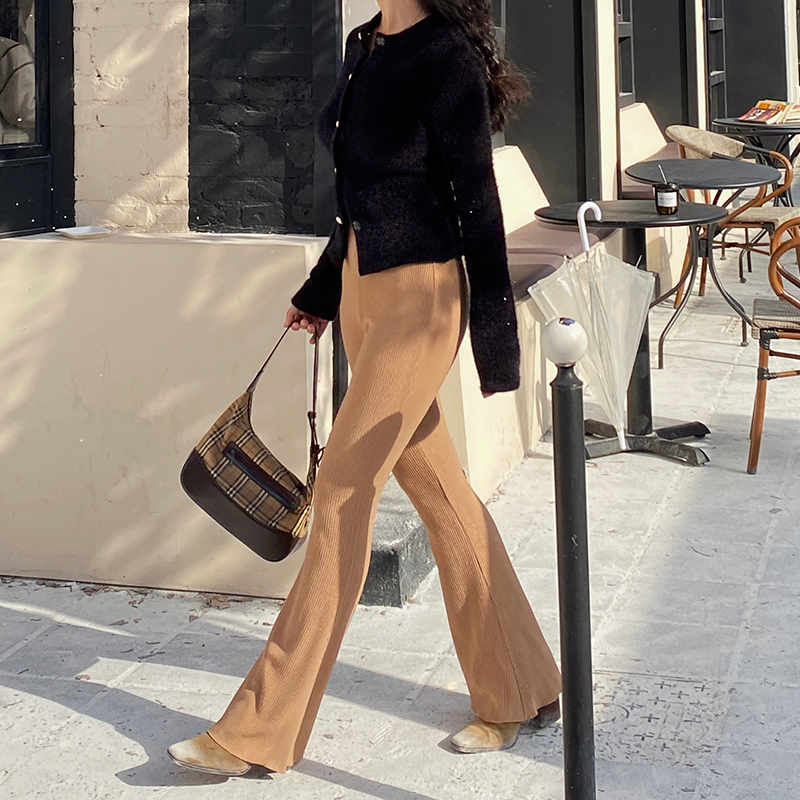 ooh itch痒痒 微喇叭高腰休闲裤法式复古修身显瘦直筒针织长裤