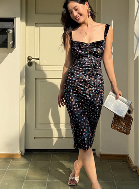ooh itch痒痒 钻石绒黑色丝绒碎花吊带连衣裙女修身显瘦包臀长裙