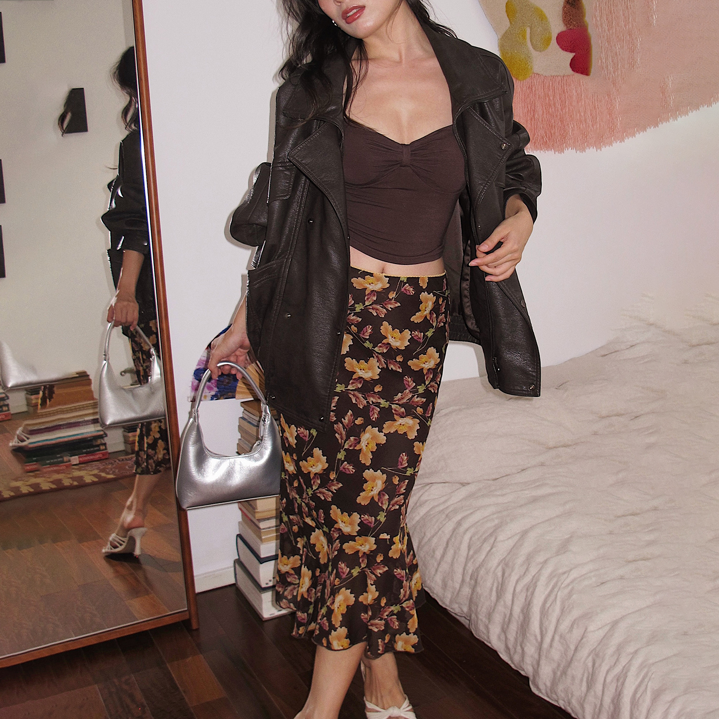 深秋木槿法式印花半身裙