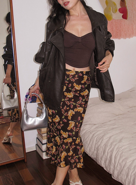 ooh itch痒痒 法式印花半身裙女修身荷叶边拼接鱼尾半裙中长款