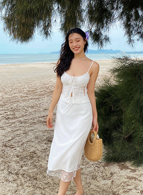 ooh itch痒痒 白色蕾丝连衣裙性感纯欲法式复古吊带背心朱莉套装