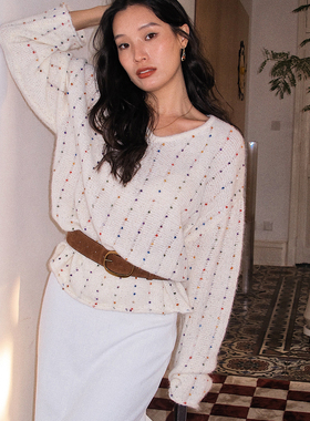 oohitch痒痒羊毛彩色点点白色毛衣女薄款宽松V领毛针织衫打底上衣