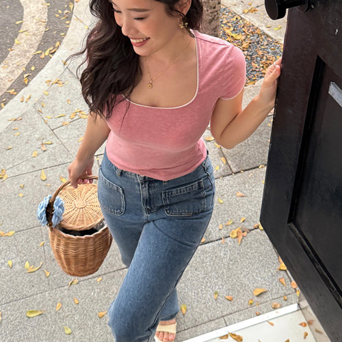 纯欲风方领短袖T恤女修身显瘦