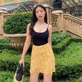 甜美裙子女显瘦 黄色碎花半身裙a字高腰印花短裙法式 ooh itch痒痒